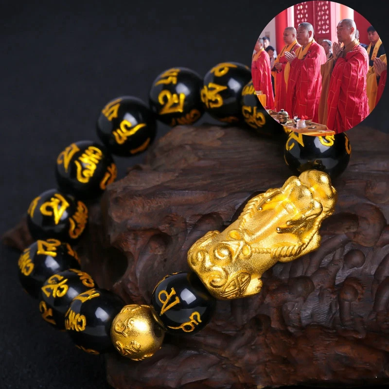 Pulsera de Obsidiana Natural de cuentas de Buda Tibetano para hombre y mujer, joyería de amuletos de buena suerte, regalo Feng Shui, Pixiu de cobre puro