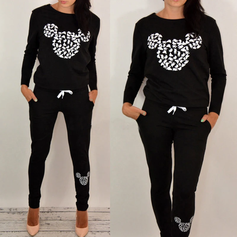 

2020 Newly Fashion Casual Lovely Women Ladies Long Sleeve Pullover Cartoon Print Solid Sweatshirt Tops Elastic Waist Pants 2PCS