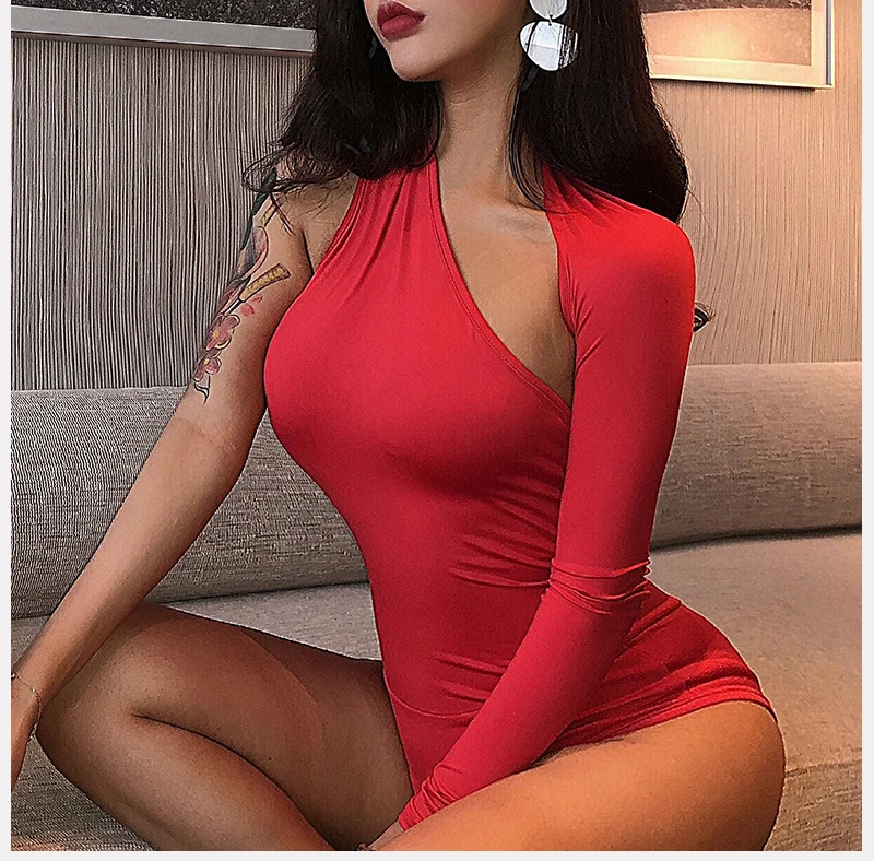 

One Shoulder Sexy Women Bodysuit Halter Skinny Black Red Ladies Leotard Slim Fit One Sleeve Top Short Romper Female