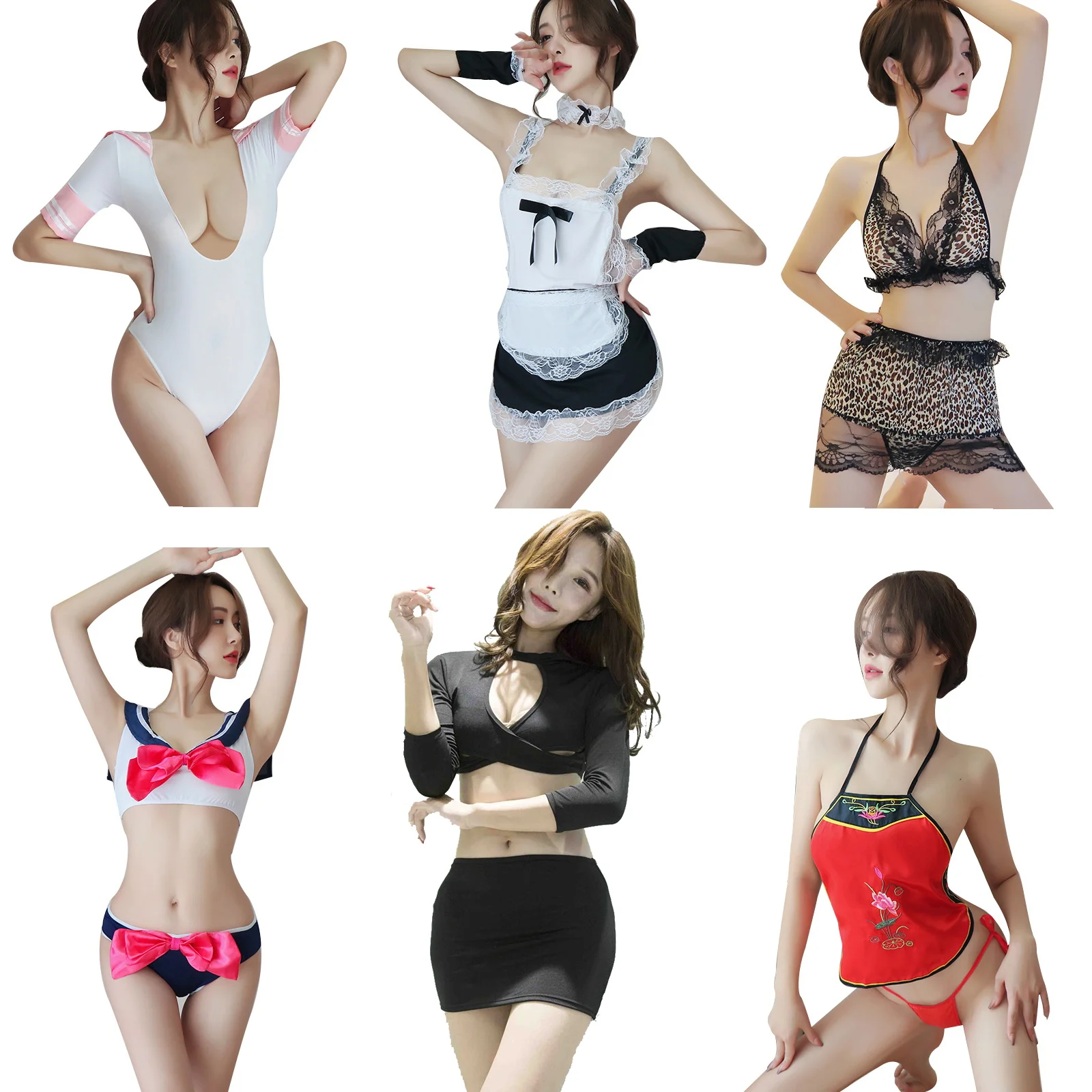 

Exotic Costumes Maid Bodysuits Women Sexy Uniform Lingerie Babydoll Dress See Through Open Crotch Thong Bellyband Underwear Set