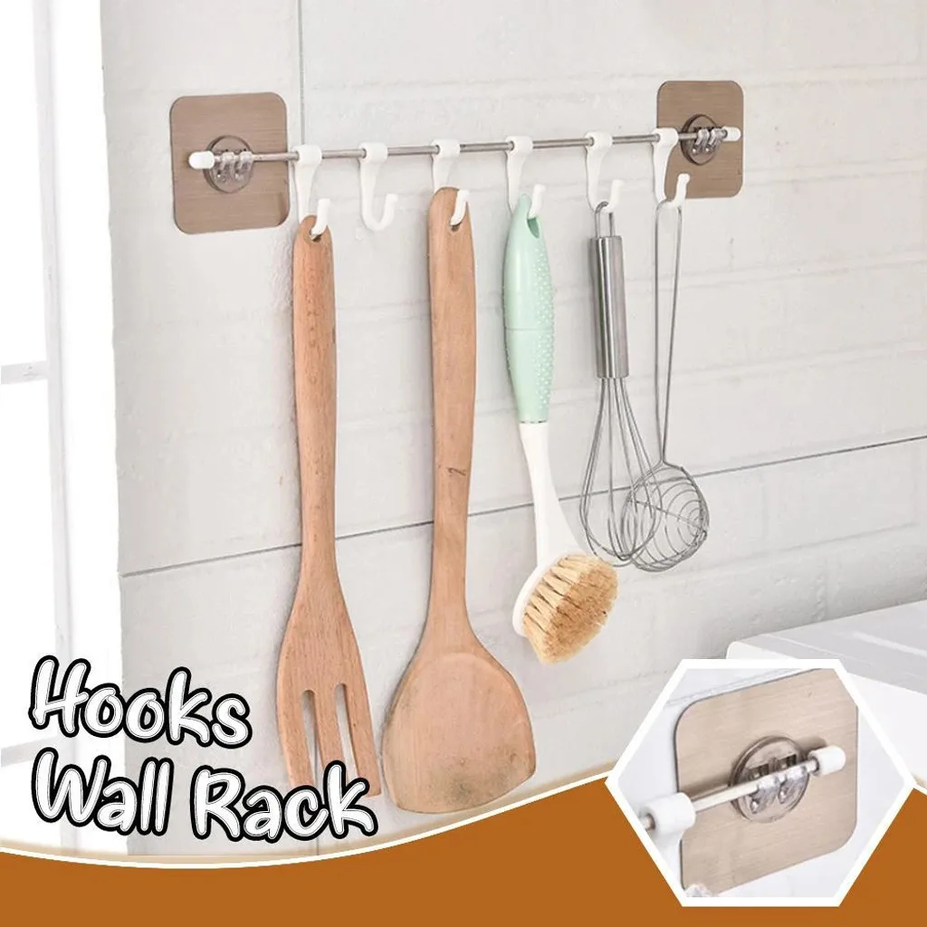 

Multi-function Self-adhesive Six Hooks Wall Rack Creative Stainless Steel Base Bathroom Kitchen Hanging Rack Home Accessories