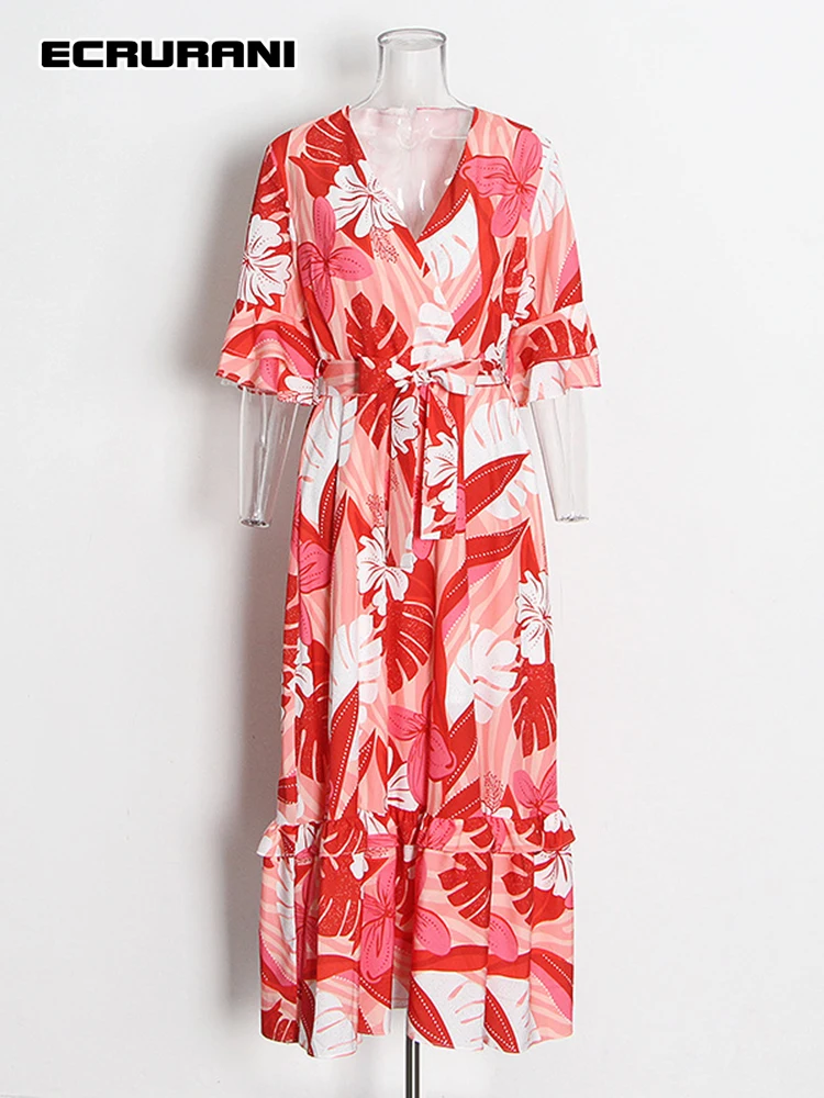 

Повседневное Цветочное платье-миди ECRURANI со складками для женщин, платье с V-образным вырезом, рукавом до локтя, высокой талией, шнуровкой, ба...