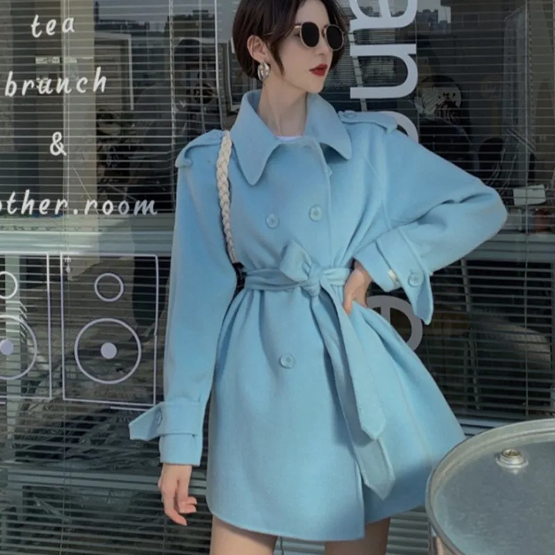 

Double Sided Woolen Coat Women Clothing New Korean Fashion Mid-Length Autumn Winter Loose Retro All-Match Woolen Jacket A409