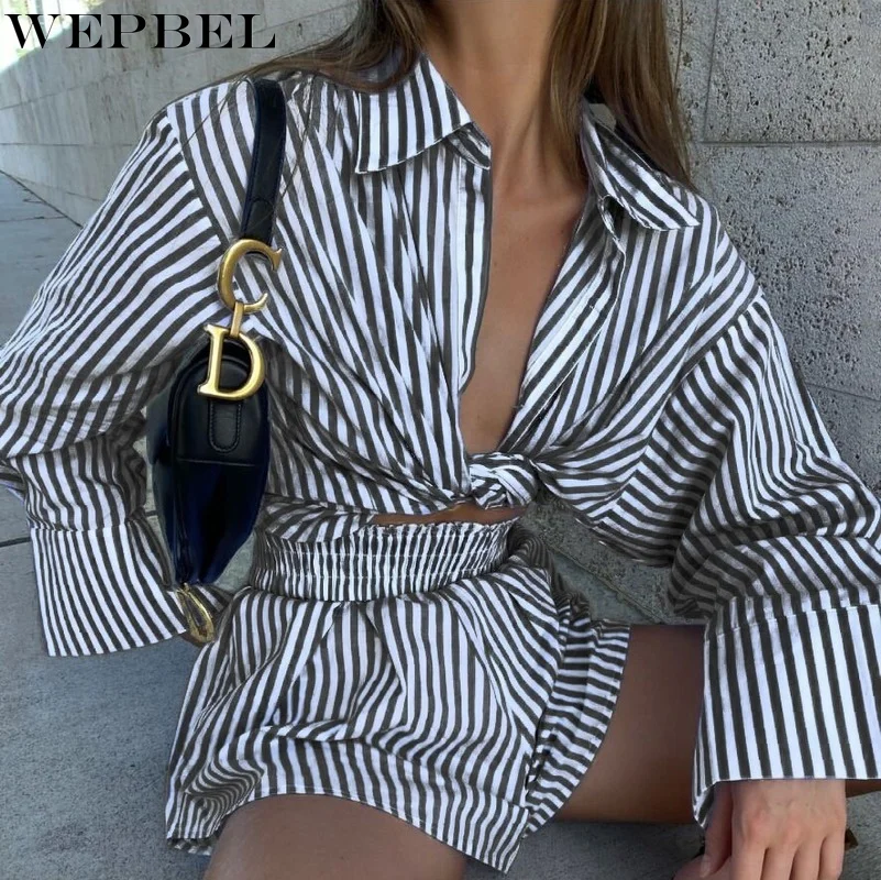 

WEPBEL Women Spring Summer Tracksuit Ladies Turn Down Collar Single Breasted Striped Shirt + Elastic Waist Shorts Set Outfits
