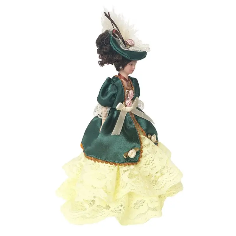 

1:12 миниатюрная кукла леди для кукольного домика стоящая фарфоровая тряпка малыш с зеленой юбкой Виктория перо шляпа мини Керамическая теле...