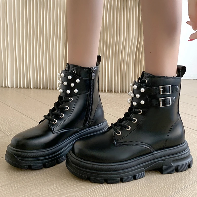 

Женские ботинки челси, новинка 2022, Зимняя Теплая обувь на платформе на шнуровке, ботильоны на среднем каблуке из искусственной кожи, модные ...