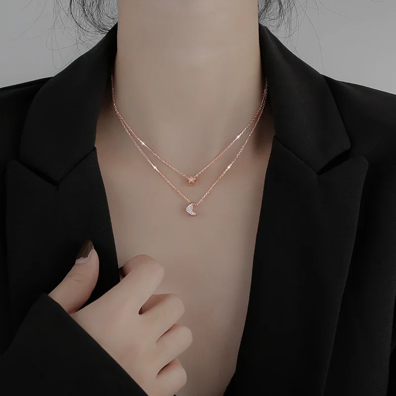 

925 Silver Double Star Moon Necklace Ladies Pendant Sterling Silver Necklace Simple Temperament Clavicle Chain Student Couple