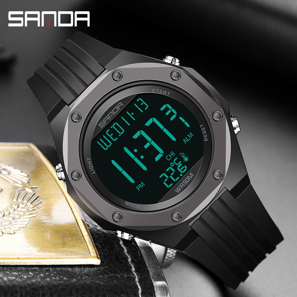 SANDA Brand Body Temperature Men's Watch Digital Electronic 50M Waterproof Military Alarm Clock LED Male Wristwatch Montre Homme