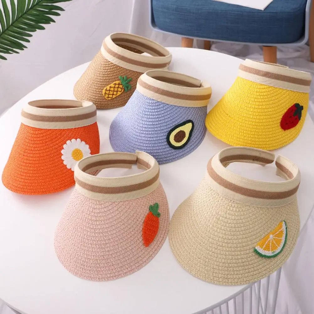 

Summer Outdoor Kids Fruit Print Wide Brim UV Protection Hat Topless Straw Cap Sunhat Protection Face