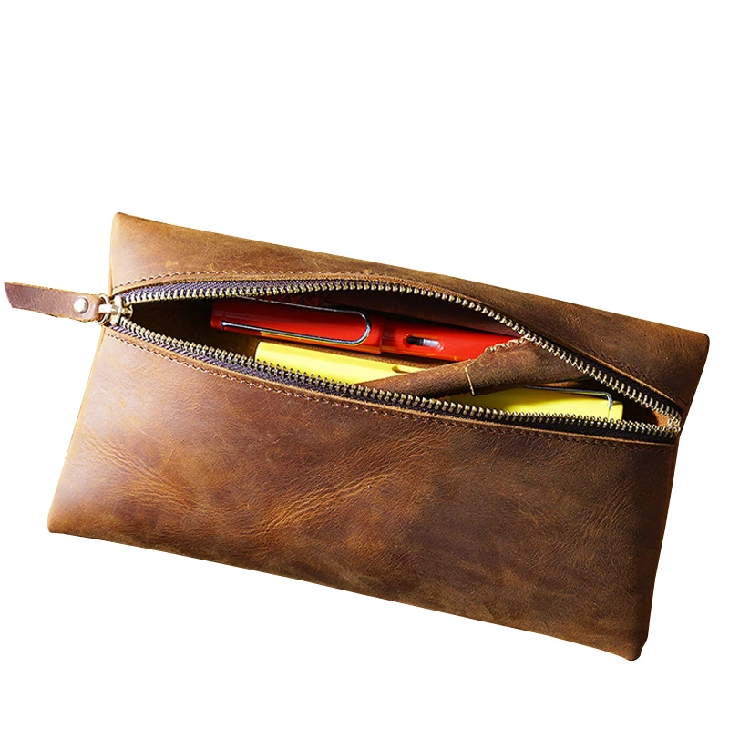 100% Nature Genuine Leather Retro Pen Bag Vantage Big Capacity Cowhide Zipper Pencil Case Holder Office School Supplies Gift | Канцтовары