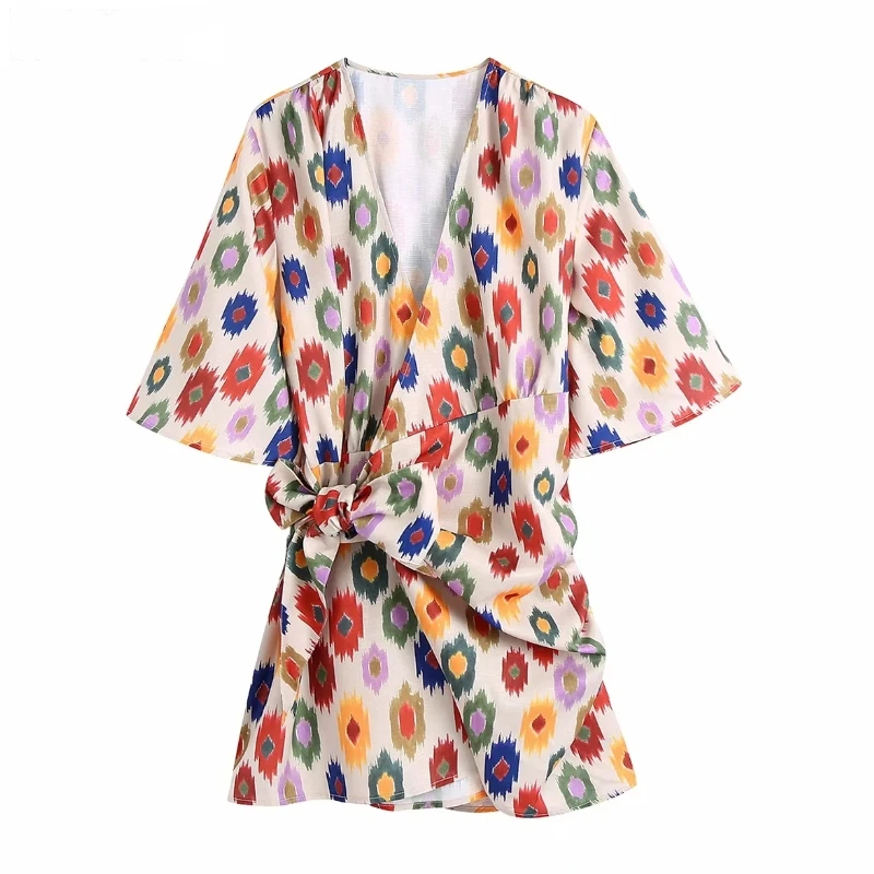 

New Women Vintage Cross V Neck Geometric Print Bow Tied Slim Mini Dress Female Short Sleeve Casual Kimono Vestidos