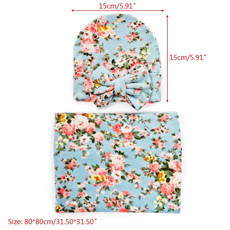 

2 Pcs/set Newborn Printing Wrapping Blanket Hat Baby Kids Bow-knot Cap Swaddle Wrap Set Infants Gifts