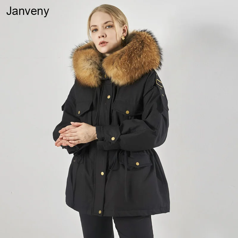 

Куртка Janveny Женская на 90% утином пуху, Толстая теплая парка с большим капюшоном из натурального меха енота, зимнее длинное пуховое пальто для...