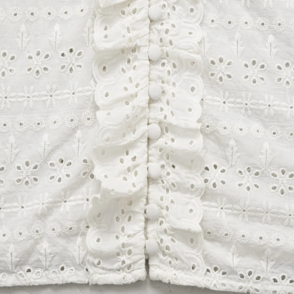 

Embroidered Lace Blouse Women's White Ruffles Cotton V-neck Hollow out Sweet Short Sleeve Shirts