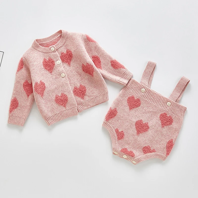 

Spring Autumn Infant Baby Girls Knit Long Sleeve Loving Heart Coat + Braces Rompers Clothing Sets Kids Boy Girl Suit Clothes