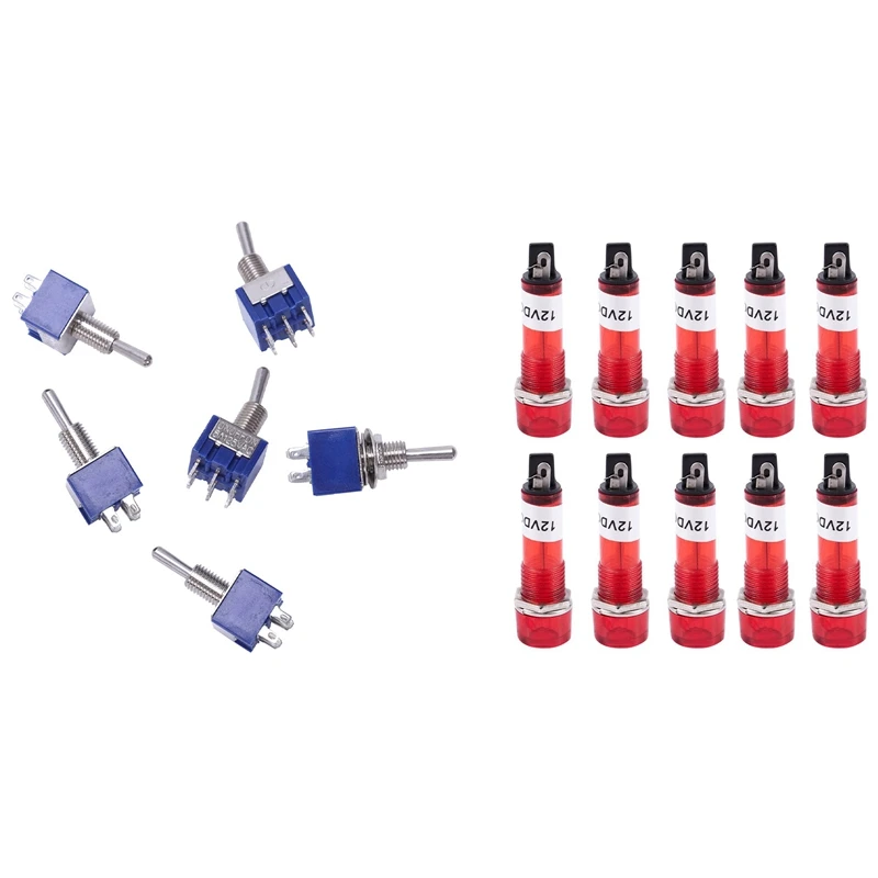 

10 Pcs DC 12V Recessed Red Pilot Light With 6 Pcs On-Off-On 3-Way Mini Toggle Switch 6 Pin 6A 125VAC