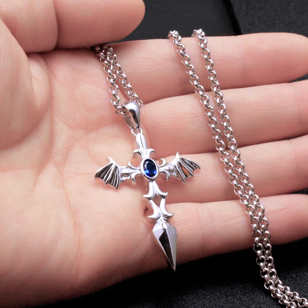 

Europe and the United States Fashion Vintage Cross Necklace for Men Blue Crystal Demon Sword Pendant Long Necklaces Jewelry