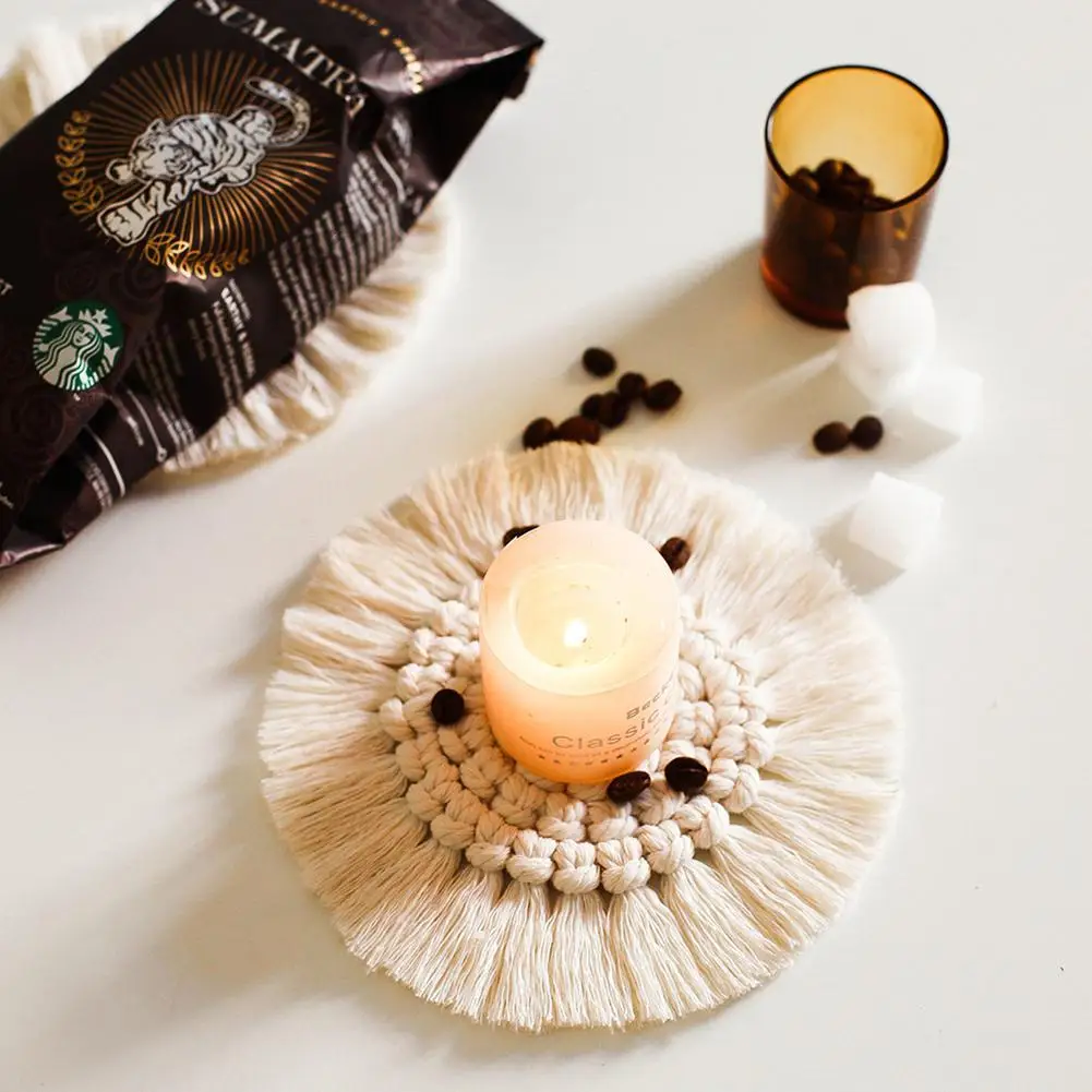 Nordic Macrame Cup Pad Bohemian Tablecloth Table Mat Pure Handmade Cotton Braid Non-slip Insulation Mats for Kitchen Candle | Дом и сад