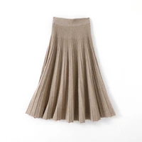 solid color female long vintage wool pleated skirt women autumn winter elegant fashion ladies high waist a line skirt