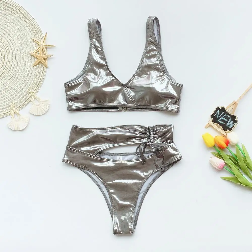 Сексуальный комплект бикини Hirigin однотонное серебристое с чашками пуш-ап пляжная