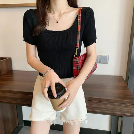 

HAN Short-sleeved women's summer new square-neck short knit top design niche women's pure color knit sweater all-match