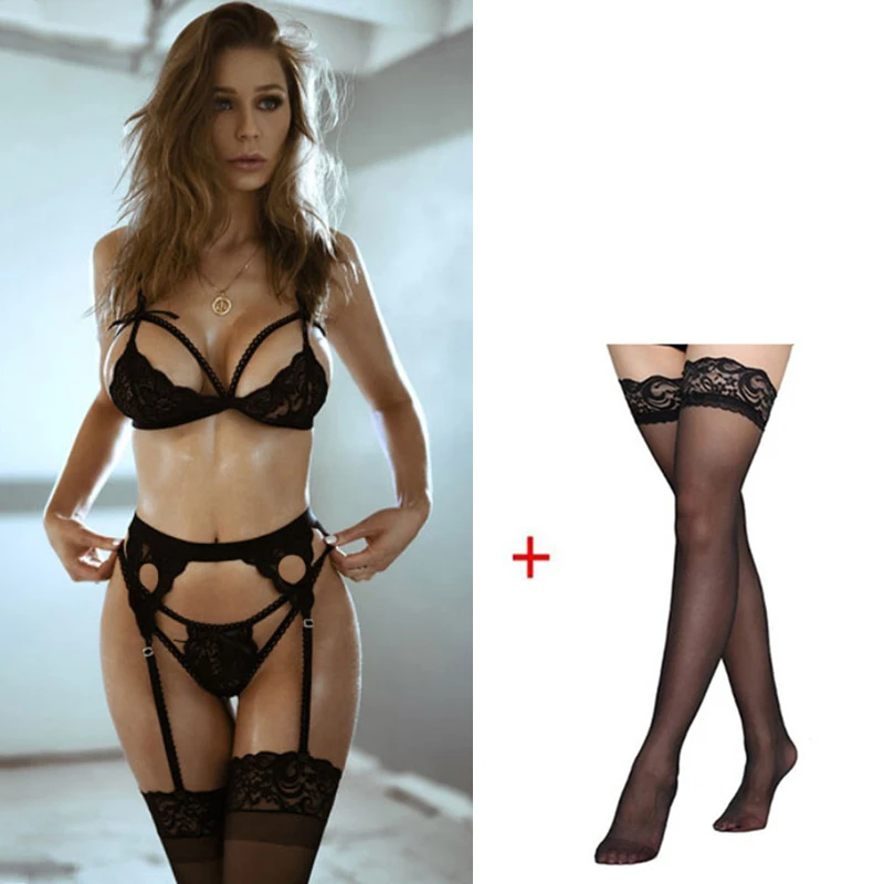 

Red Women Sexy Lingerie Sets Lace Bandage Garters Seamless Bra Briefs Set Hot Erotic Bralette Thong Push Up Bras Underwear Set