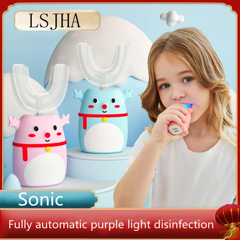 

LSJHA Child U-shaped Electric Toothbrush 360 Degree Oral Care Cleaning Bacteria Replaceable Toothbrush Head Cartoon Pattern