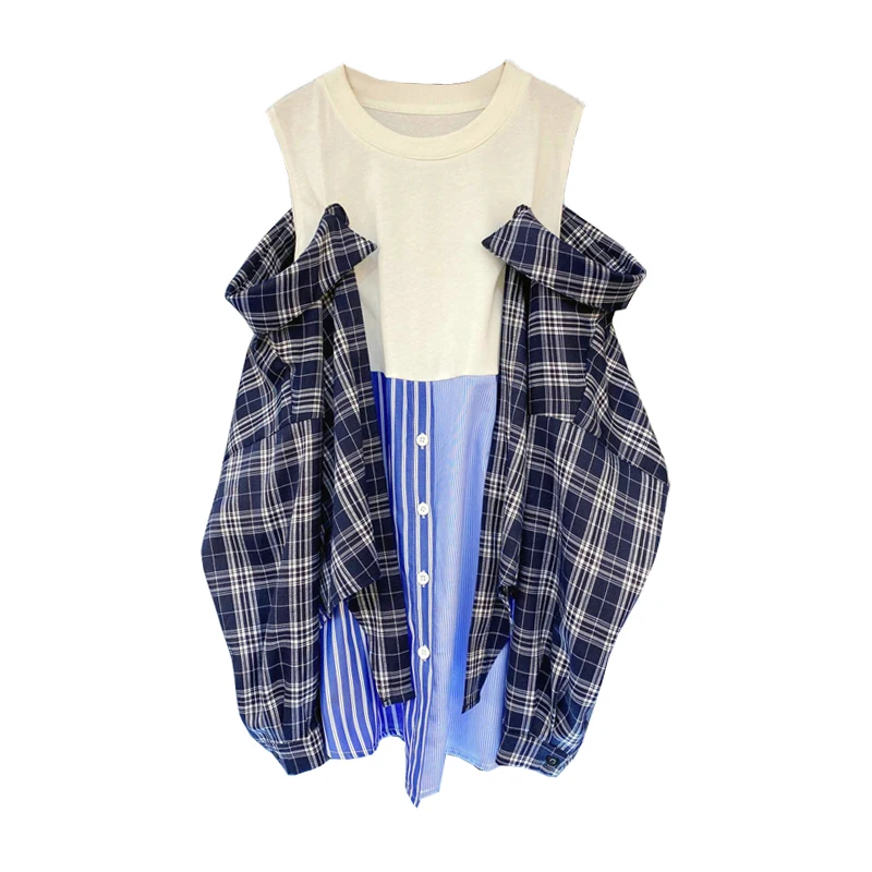 

Yuerwang женская рубашка в стиле пэчворк, асимметричная клетчатая блузка с имитацией двух предметов, с открытыми плечами, Повседневная Свободн...