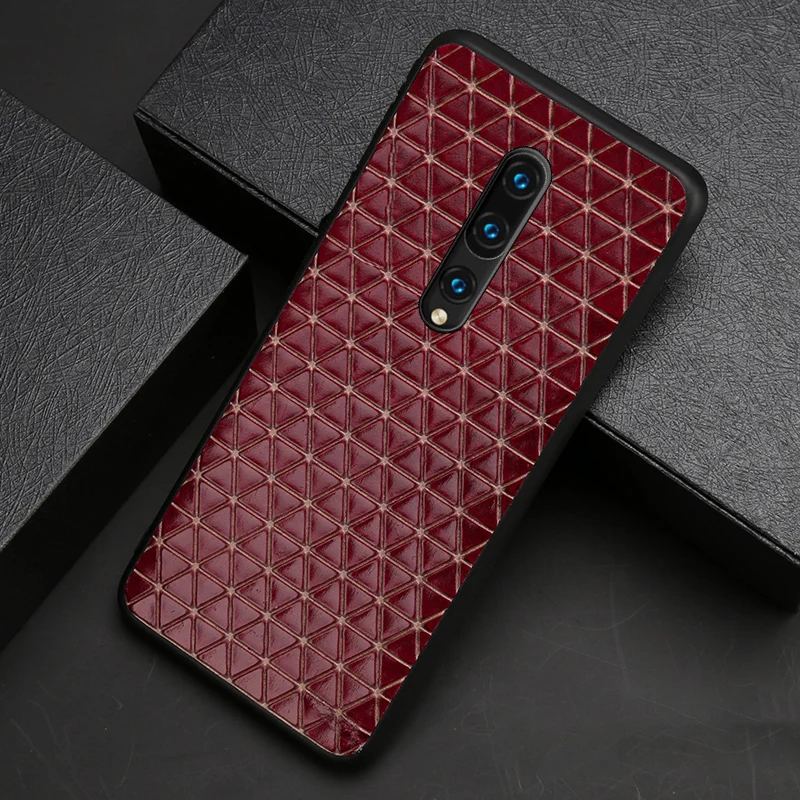 

Genuine Leather Phone Case For Oneplus 8 7 7T Pro 6 6T Cowhide Triangle Business Texture Back Cover Funda Capa