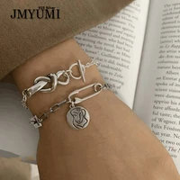 jmyumi 925 sterling silver thick chain bracelet for women vintage trendy bow knot circle tag thai silver jewelry party gifts