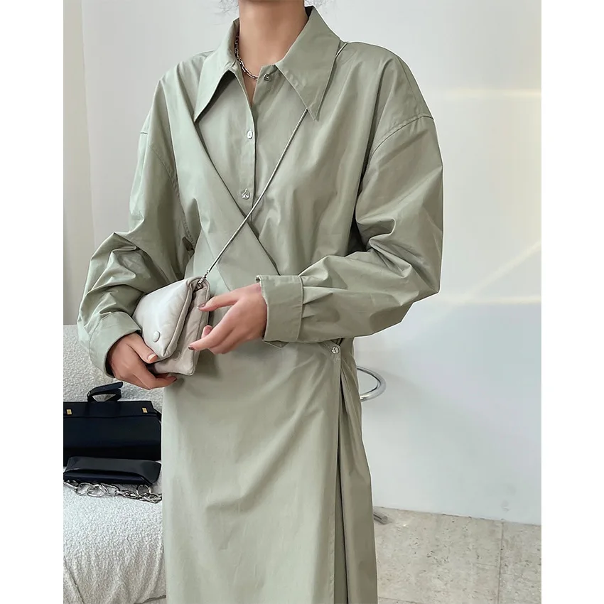 

Spring New French Style Languid Slant Button Shirt Dress With Loose Waist And Thin Design