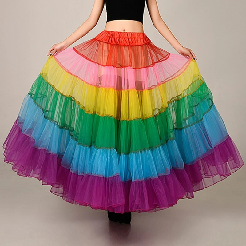 

Multicolored Rainbow A-Line Maxi Tutu Skirt Pleated Floor Length Mesh Petticoat