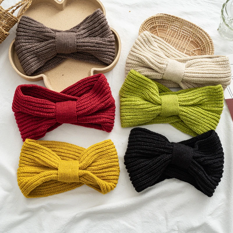 Мягкая шерстяная плетеная повязка с бантом вязаная для волос женские теплые