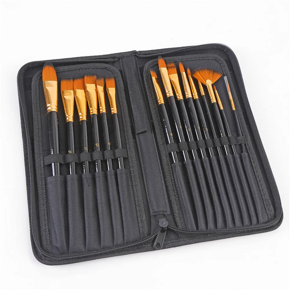 

15 Pcs Paint Brush Set For Acrylic Oil Watercolor Gouache Painting Includes Pop-up Carrying Case With Palette Knife And Sponge
