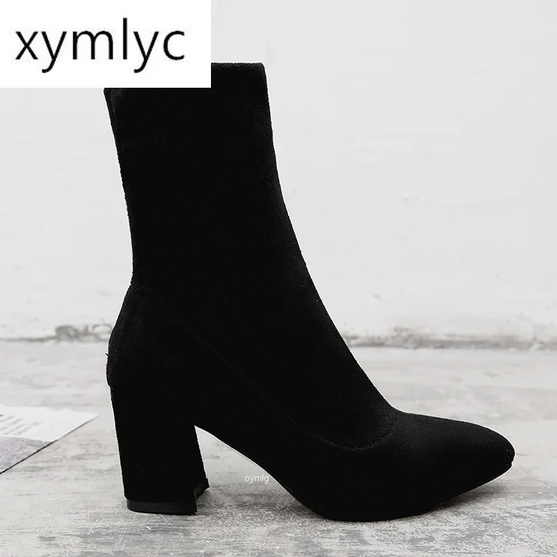 

2020 winter new ladies wild black fashion Flock boots women casual comfortable sweet high heel boots Female boots mujer