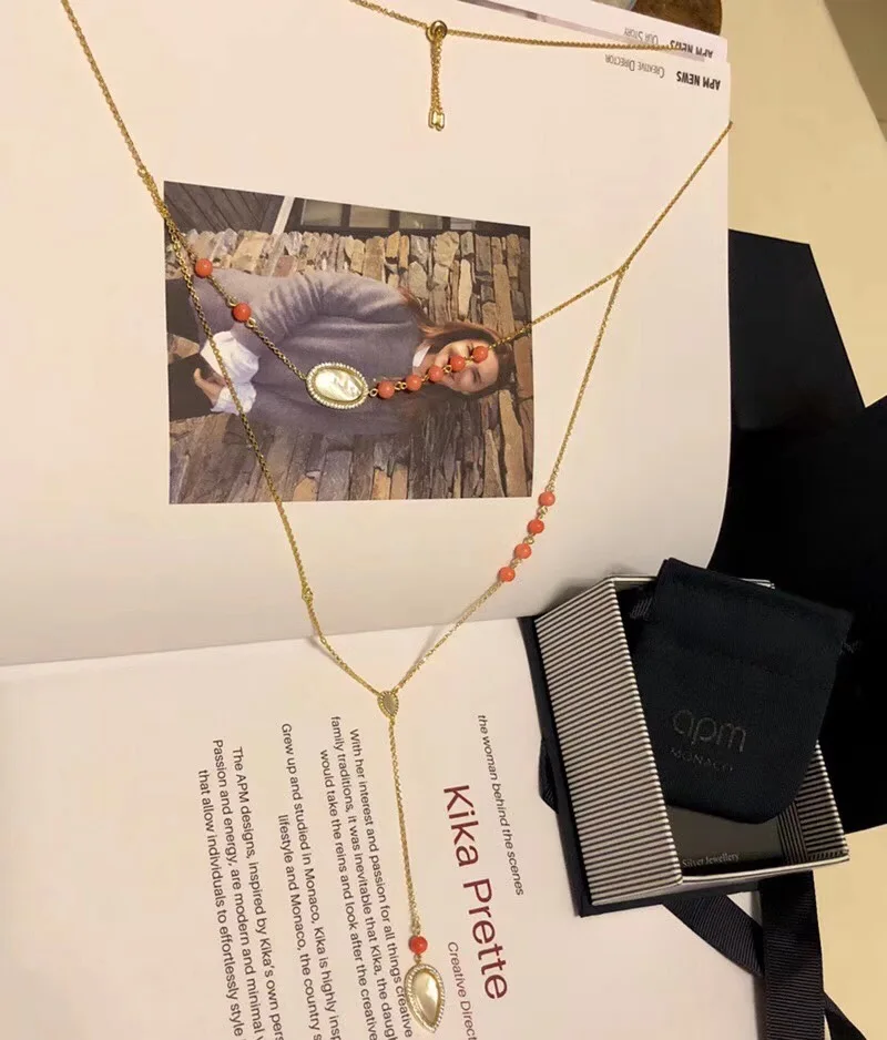 Monaco Jewelry Tassel Mother Of Pearl Long Chain Necklace pure 925 Sterling Silver Red Coral Bead Ball For Women | Украшения и