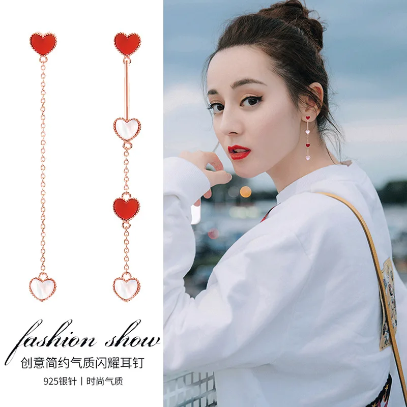 Korean Red Heart Long Fringe Earrings Pure Silver Needle Acrylic Boucle D'oreille Femme 2019 Dangle | Украшения и аксессуары