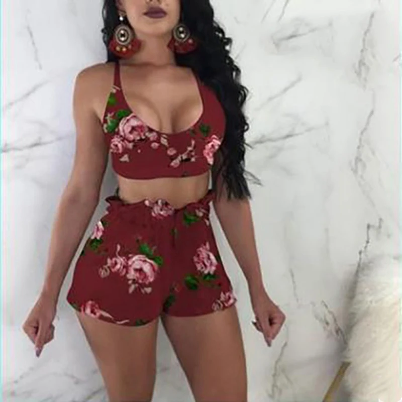 

Summer Beach Women's Suit 2021 Low Cut Floral Bra High Waist Shorts Suit Casual Fashion Split Women's Suit