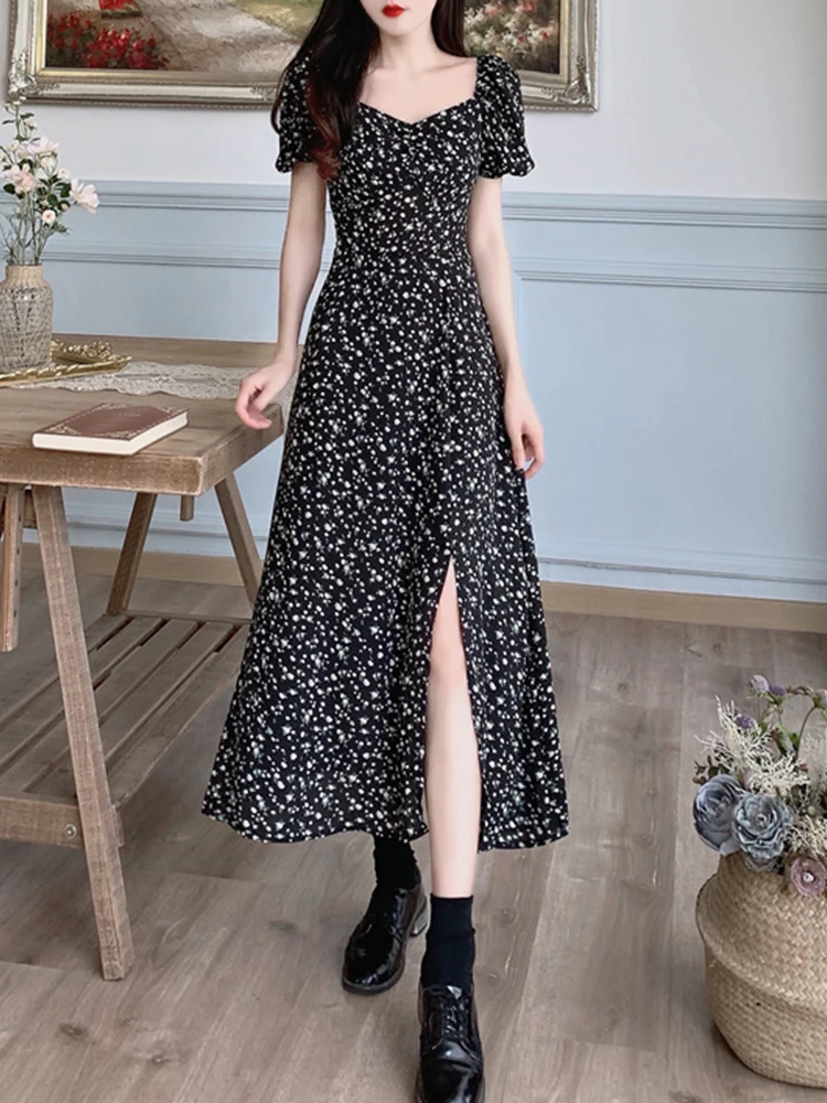 

Women's Clothing With Free Shipping 2021 Summer Square Collar Puff Sleeve Casual Dress With Slit Floral Dress Black Maxi Dress