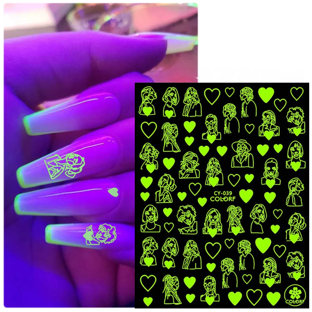 

Nail Stickers Back Glue Fluorescent Light Rose Abstract Character Moon Designs Nail Decal Decoration Tips For Beauty Salons