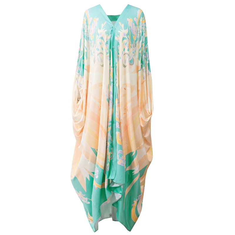 

Designer Runway Bohemian High-Quality New Women'S Fashion Elegant Party V-Neck Batwing Sleeve Knit Printing Loose Long Dress