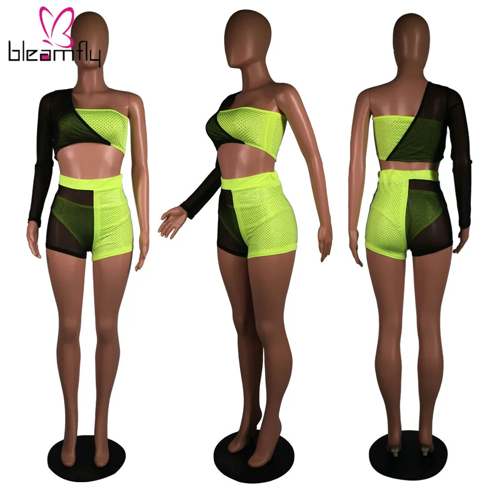 Женский летний костюм стразы без бретелек топ сетчатые шорты комплект из двух