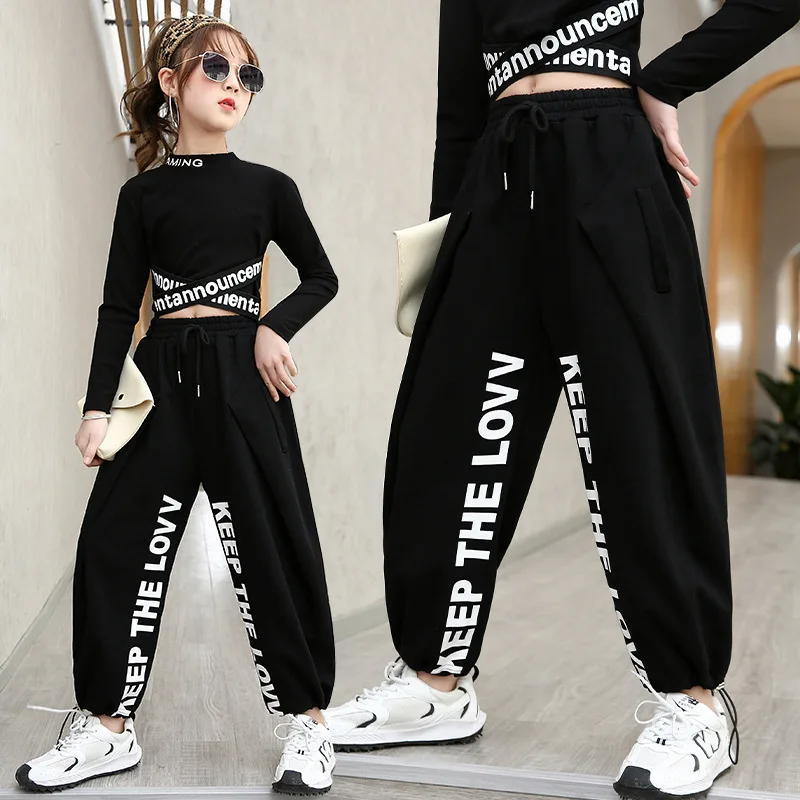 Children's Clothing Girls Jazz Tracksuit Spring Autumn Dance Costumes Kids Hip-Hop O-Neck Letter Long Sleeve Pure Cotton Suits
