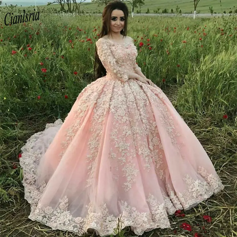 

Роскошное бальное платье с рукавом три четверти, платья для Quinceanera, с открытыми плечами, с 3D аппликацией, кружевное милое платье 16, платья 15 л...