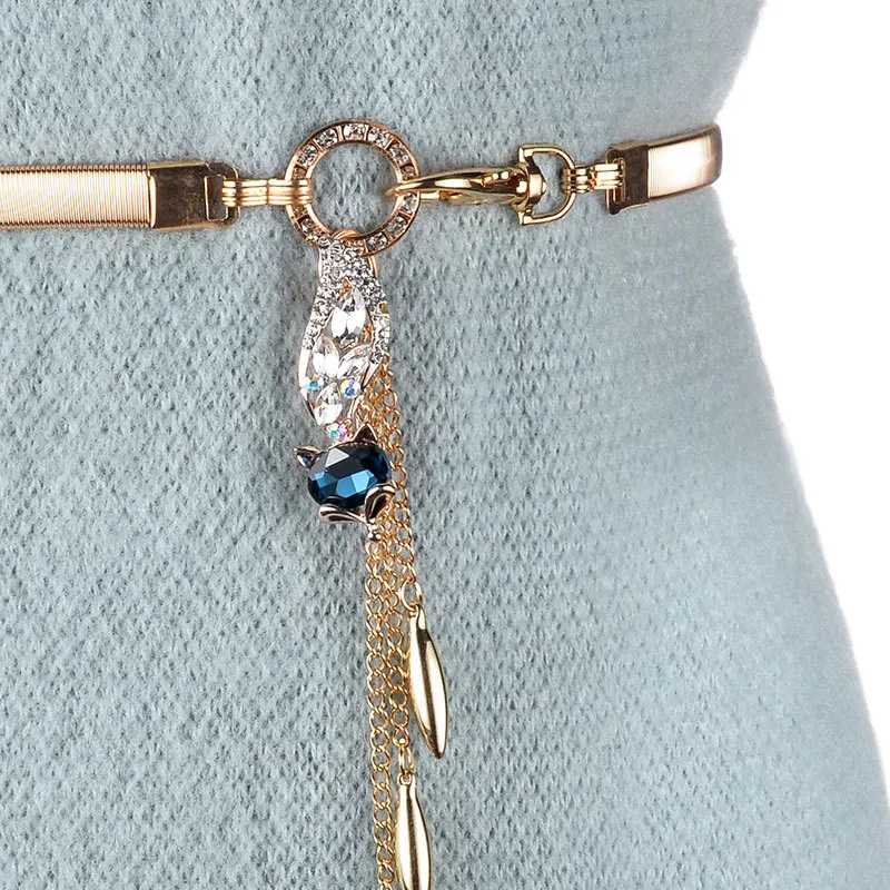 Женский Золотой металлический пояс цепочка с лисой кулон эластичный ремень