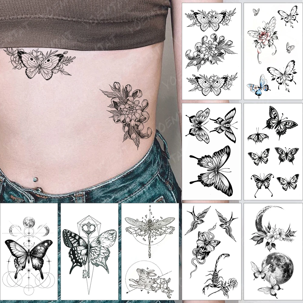 

Waterproof Temporary Tattoo Sticker Dark Sexy Butterfly Totem Flowers Old School Flash Tatoo Fake Tatto For Body Art Women Men