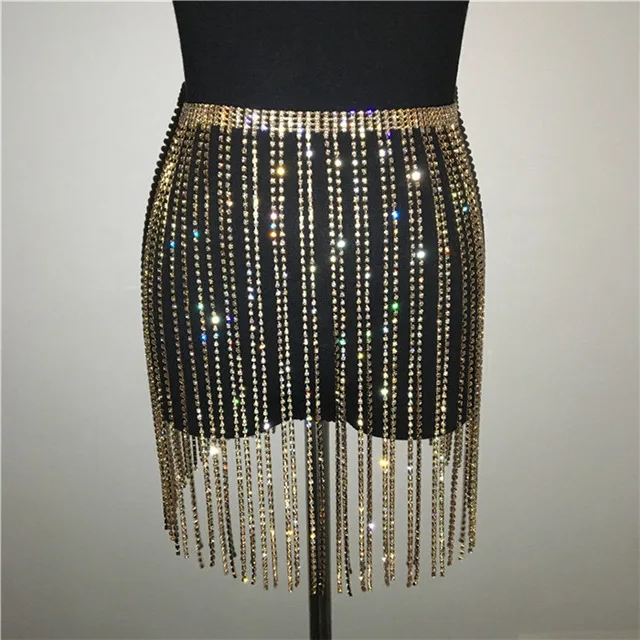 

YHLZBNH Glitter Rhinestone Long Tassel Skirts Gold Silver Crystal Diamonds Loose Adjustable Sexy Women Beach Bikini Mini Skirt