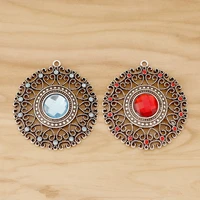 2 pieces large tibetan silver filigree flower rhinestone crystal round charms pendants for necklace jewellery making accessories