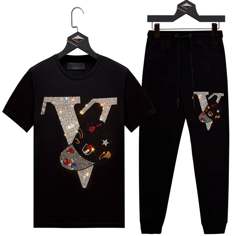 

2021 Men Clothing Sportswear Rhinestones Summer Suit Fitness Long Mens Track Suit Set 2 Pieces Casual Jogger Sets Plus Size 6XL