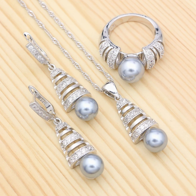 Grey Pearl White Cubic Zirconia 925 Silver Jewelry Set For Women Party Accessories Earrings Ring Pendant Necklace Kit | Украшения и